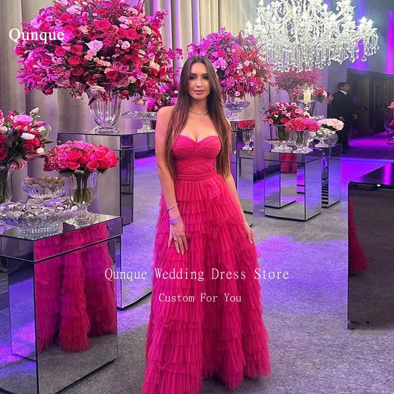 

Qunque Fuchsia Frill-Layered Tulle A-Line Evening Dresses Customized Sleeveless Pleats Prom Gowns Sexy Sweetheart Party Dresses