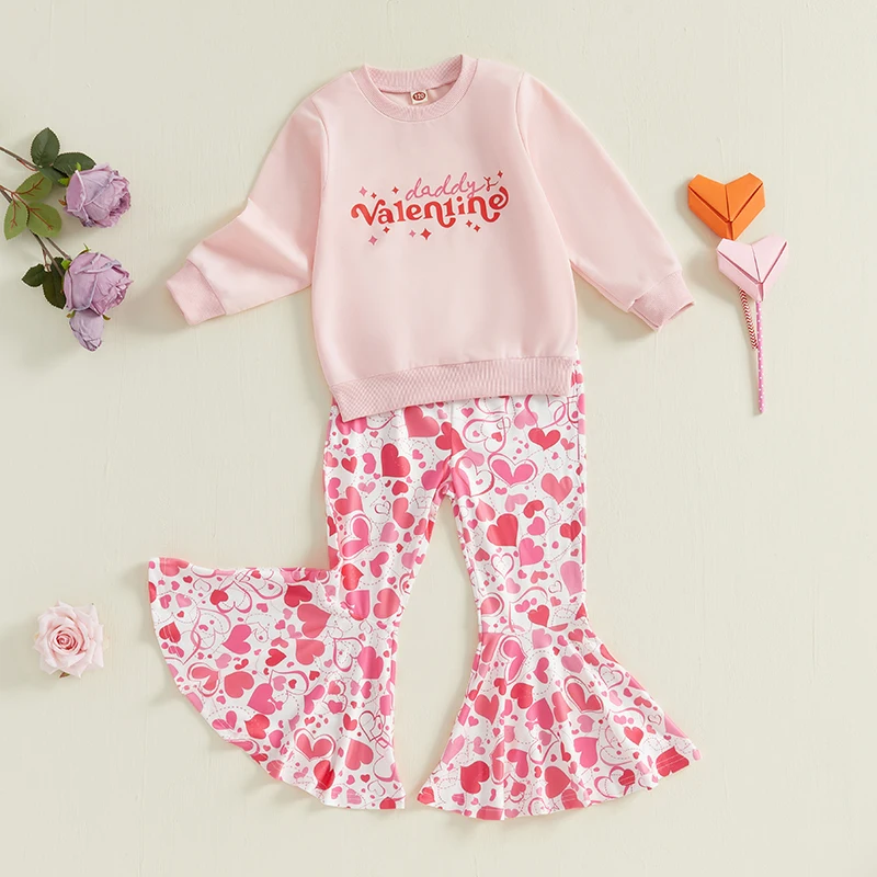 

3-7Years Kids Girl Outfits Valentine's Day Clothes Letter Print Long Sleeve Sweatshirt and Heart Print Flared Pants 2Pieces Sets