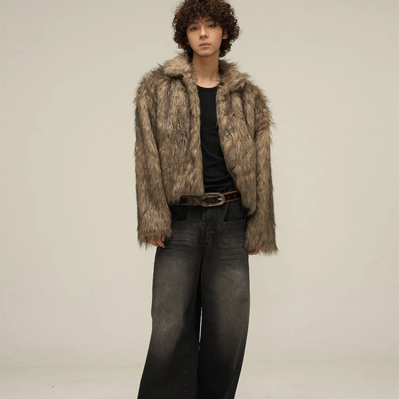 Vintage Harajuku Winter Short Thick Warm Soft Faux Fur Coat Men Lapel Design Fluffy Fur Outerwear Long Sleeve Tops Trendy New