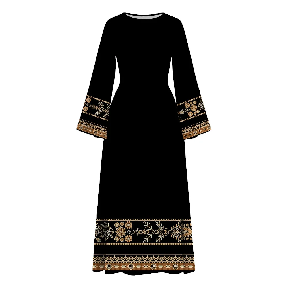 Femme Muslim Abaya Long Flare Sleeve Abaya Islamic Dresses With Belt Turkey Dubai Robe Women O-Neck Print casual Morocco Caftan