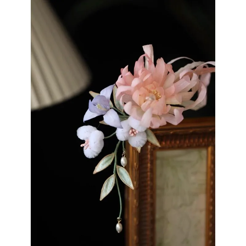 Chinese Handmade Hot Stamping Flower Hair Clip Sweet Girlish Pink for Hanfu Updo Side Exquisite Fairy Daily Wear Jewelry Gift