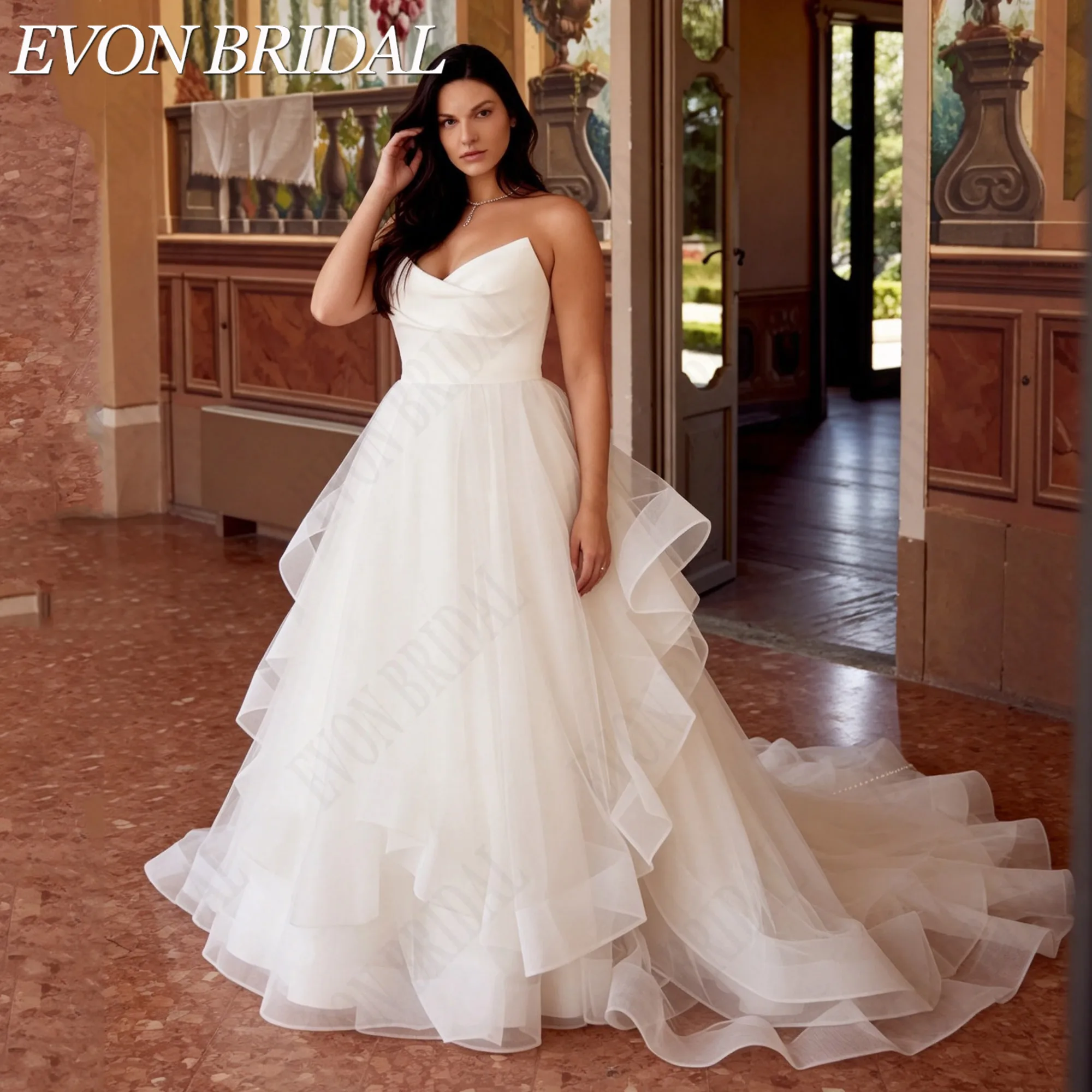 EVON BRIDAL Customized Tiered Ruffled Tulle Wedding Dress Plus Size Sweetheart Strapless Neck Bride Dresses A-Line Bridal Gown
