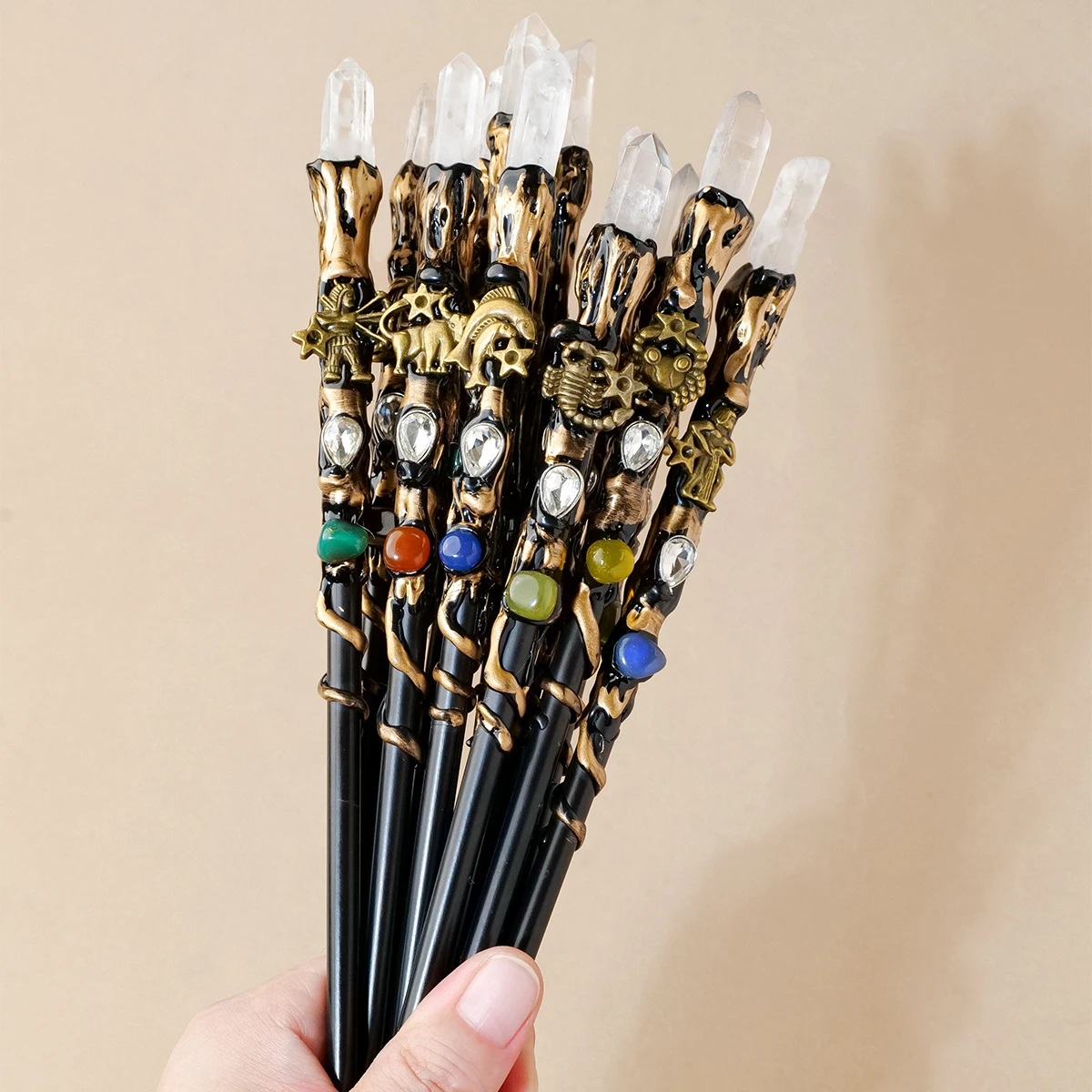 1pc Natural Crystal Magic Wand Clear Quartz Single Crystal 12 Zodiac Sign Staff Halloween & New Year Gift