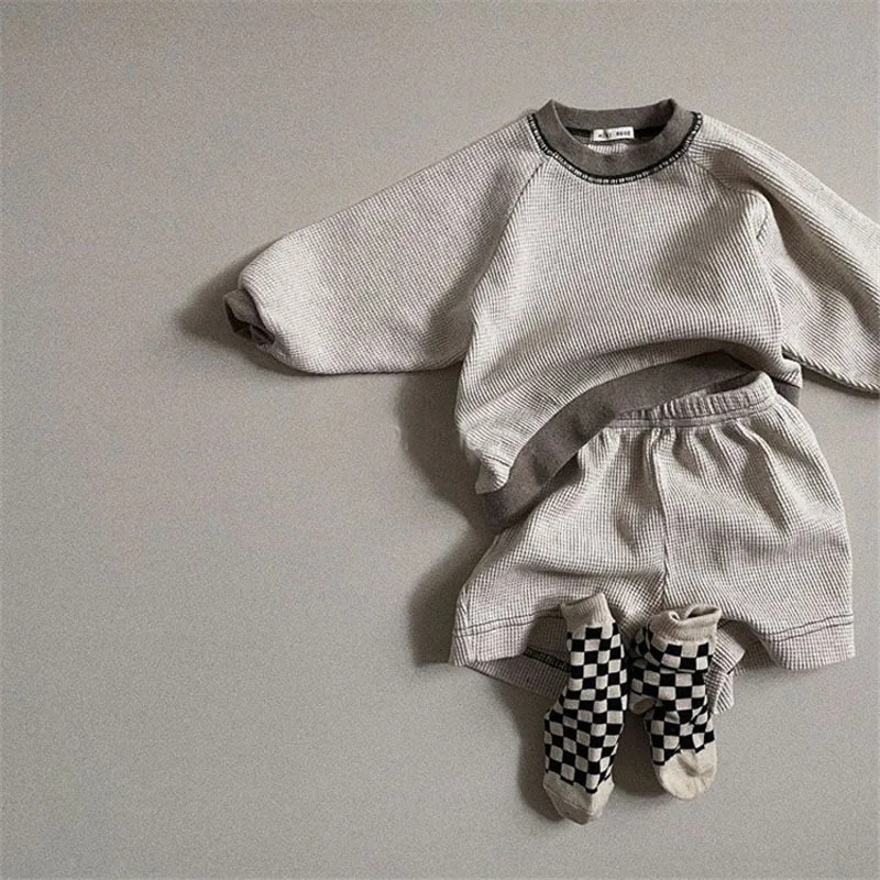 

Autumn New Baby Long Sleeve Clothes Set Boys Girls Solid Waffle Tops + Shorts 2pcs Suit Infant Toddler Casual Sweatshirt Outfits