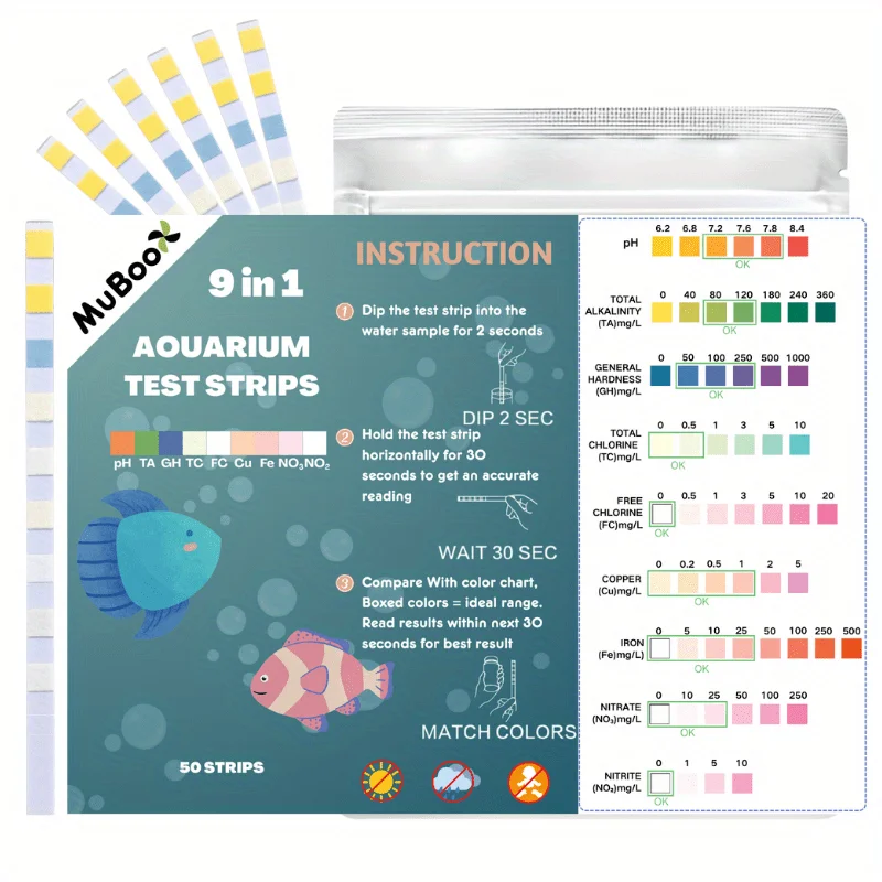 Kit de prueba de calidad del agua | Tiras reactivas para acuario 9 en 1 (50 piezas) para medir PH y controlar la calidad del agua