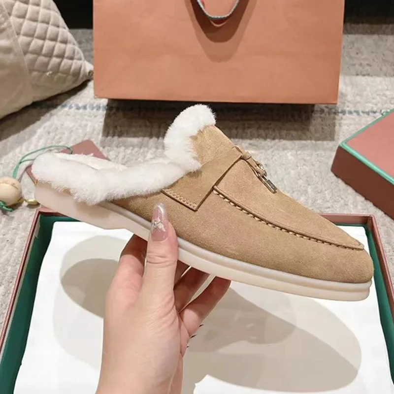 2025, italienische High-End-Loafer für Herbst und Winter, Samt-Taschenkopf, Schaffell, faule Schuhe, flacher Boden, halbhaariges Drag-Paar