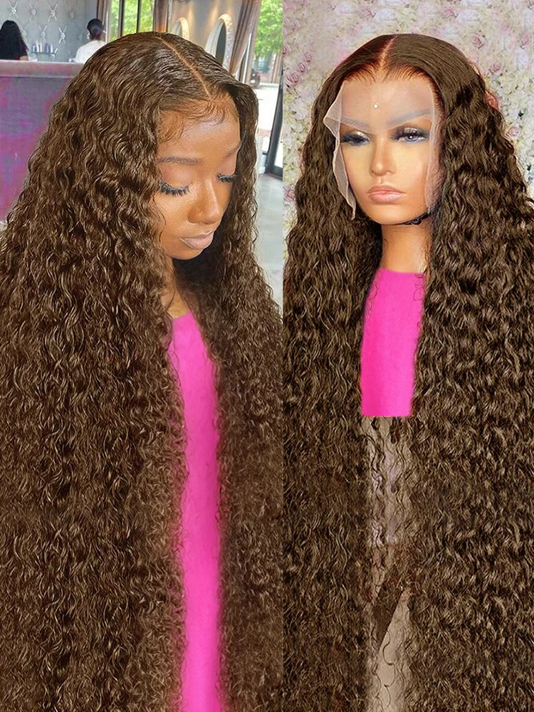 

13x6 HD Chocolate Brown Deep Wave Lace Frontal Wig Brazilian 30 36 Inch Colored Curly 13x4 Lace Front Human Hair Wigs For Women