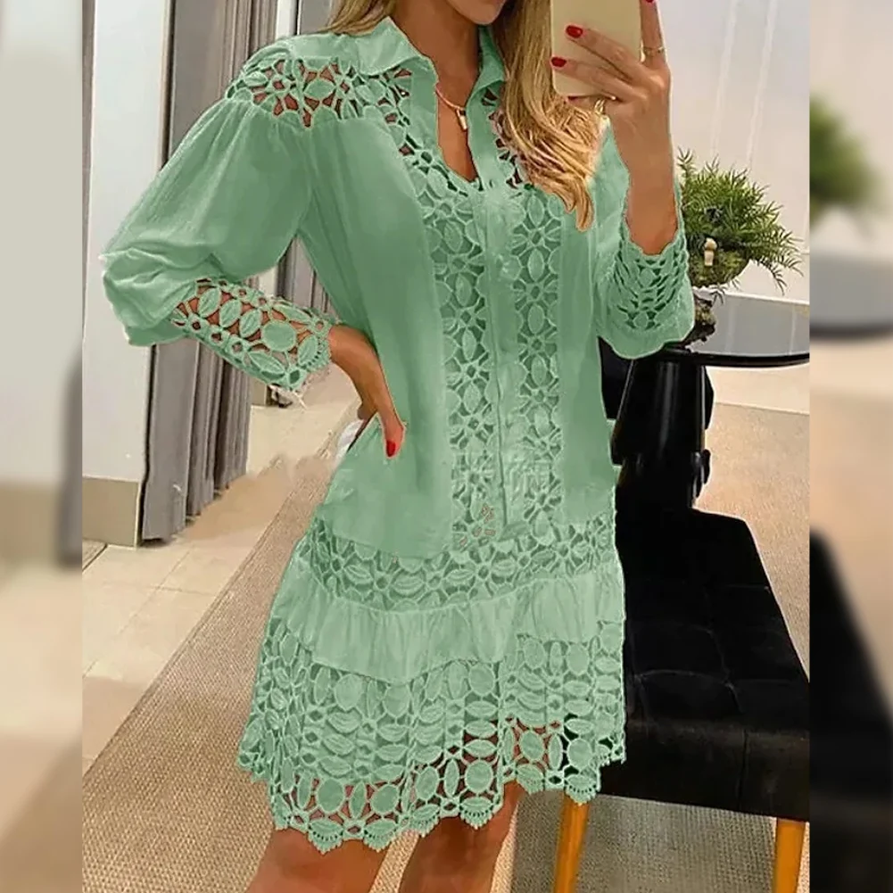 Women Spring Summer Lace Splicing Long Sleeve Dress Spring Summer Cutout Shirt For Long Sleeve Cutout Shirt Female Sexy Dress