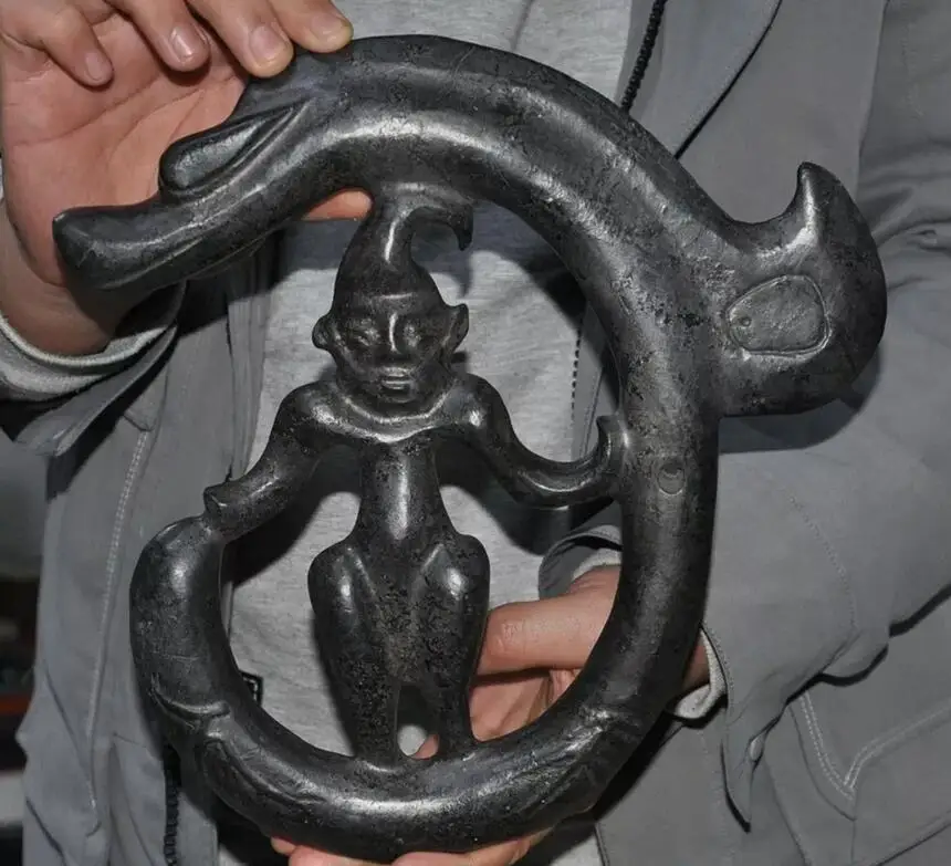 China Hongshan culture Old black jade carved weird Dragon hook people statue