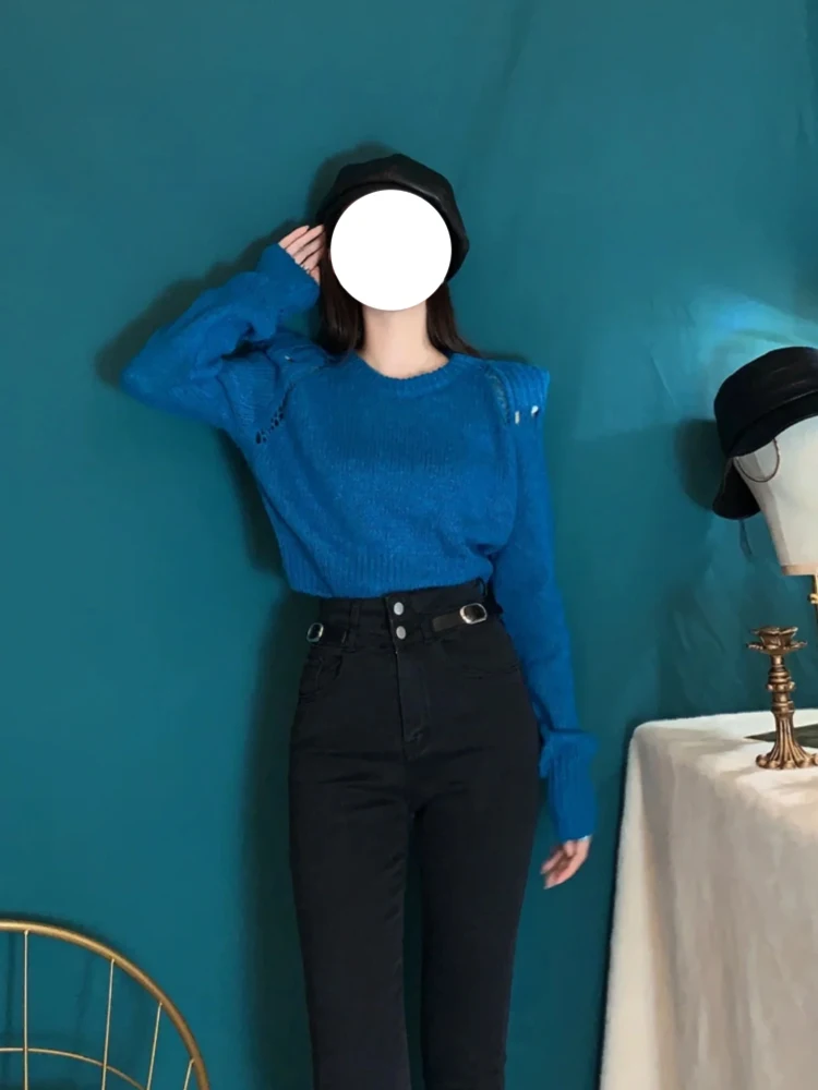 

Slimming round Ne Long Sve Hollow out Knitwear Women's Loose ort Sle Base Layer Sweater Top for Autumn Commute