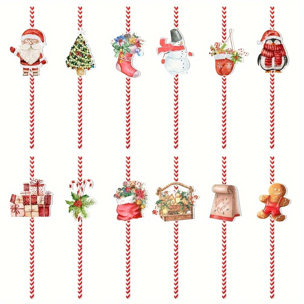 24pcs Christmas Theme Party Decoration Set Christmas Snowman Pattern Water Cups Drinks Disposable Decoration Straw Supplies