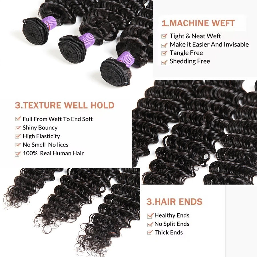 Pacotes brasileiros do cabelo humano da onda profunda, cabelo encaracolado Remy, pacote do Weave, extensões cruas do cabelo do Virgin, 26 dentro, 28 dentro, 30 dentro, 32 dentro