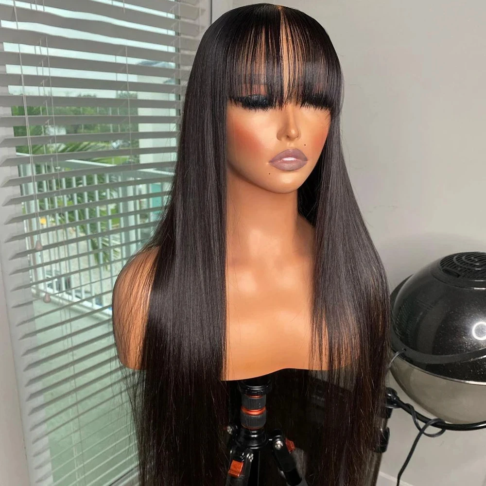 3X1 Middle Part Lace Wig Bone Straight Human Hair Wigs With Bangs 100% Human Hair Glueless Wig Human Hair Ready To Wear And Go