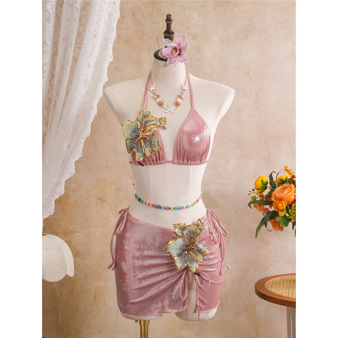 3D-Blumen mit Rock, Neckholder-Bikini, Damen-Badebekleidung, dreiteiliges Bikini-Set, gepolsterter Badeanzug, Badeanzug, Schwimmbekleidung V8368 – Detail 13