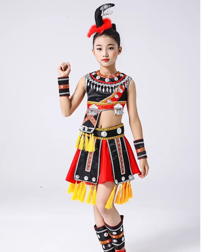 Chinese folk dance, Miao and Yi ethnic performance costumes, girl's June 1st dance skirt