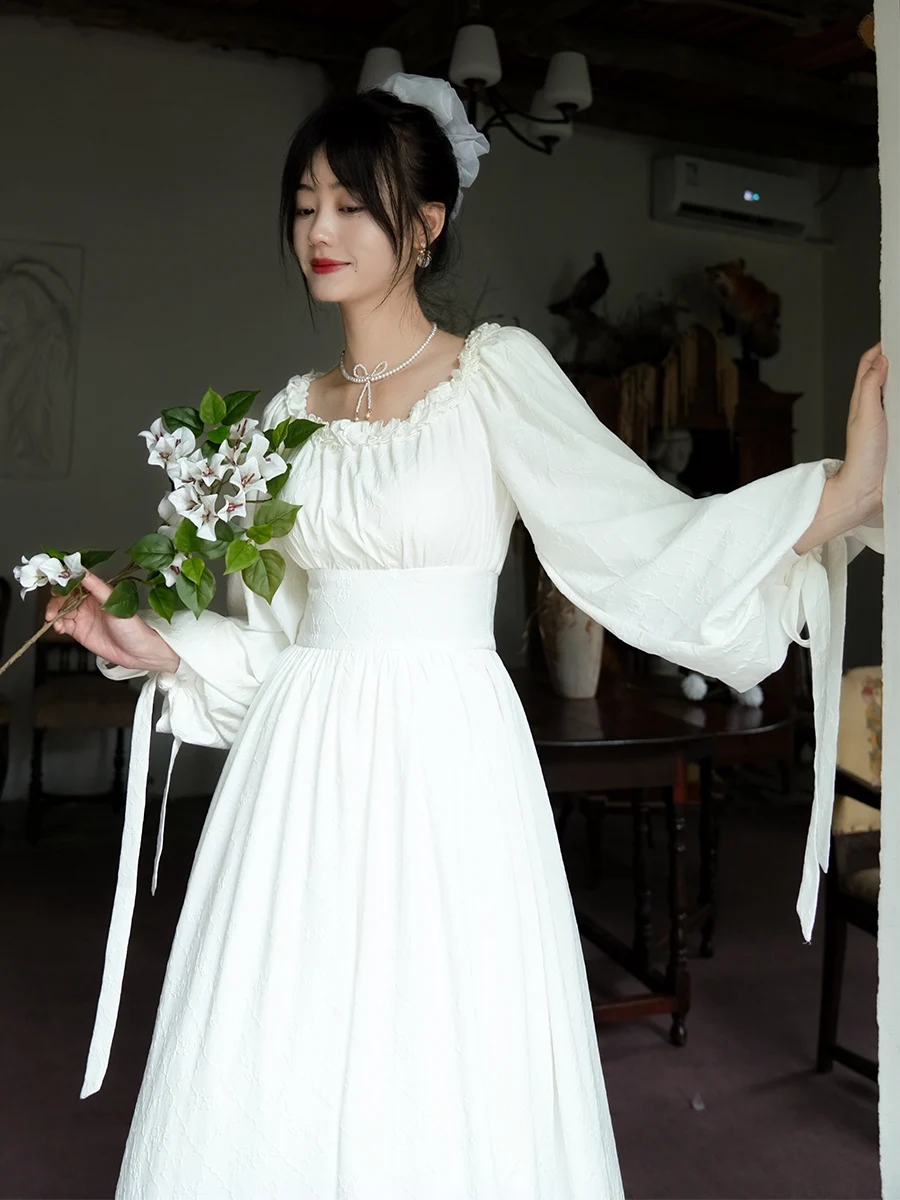 TIYIHAILEY ربيع الخريف النساء فستان كامل فانوس كم طويل ماكسي السيدات S-XL خمر عالية الخصر 2025 فستان أبيض جديد الدانتيل يصل