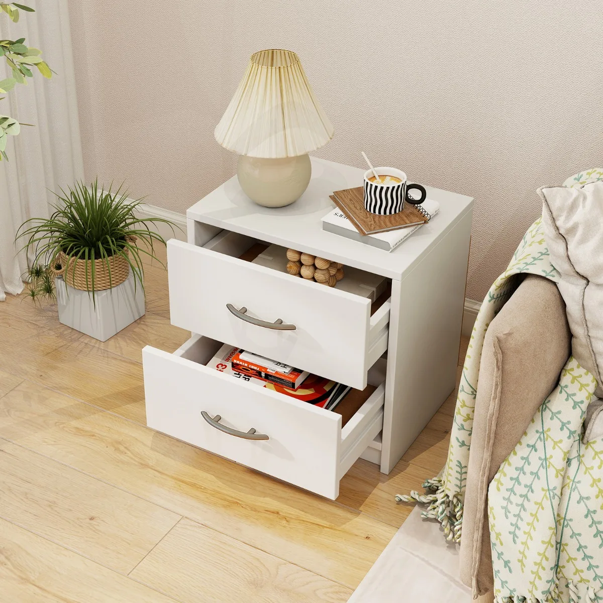Beistelltisch mit 2 Schubladen und breiter Tischplatte, rutschfeste Auflagen, multifunktionaler Beistelltisch für Wohnzimmer, Schlafzimmer, Arbeitszimmer – Detail 4