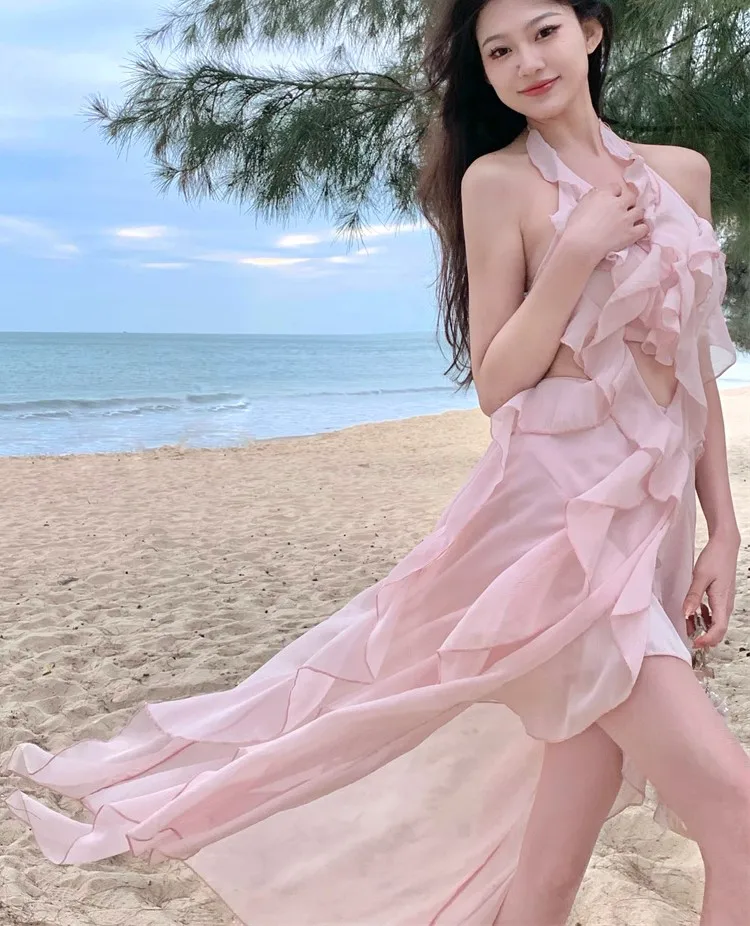 Dresses Womens Spring 2025 Winter Long-Sleeved Velvet Sashes Pleated Chiffon Sheer Flare Frill Flounce Flutter Swinging Elegant