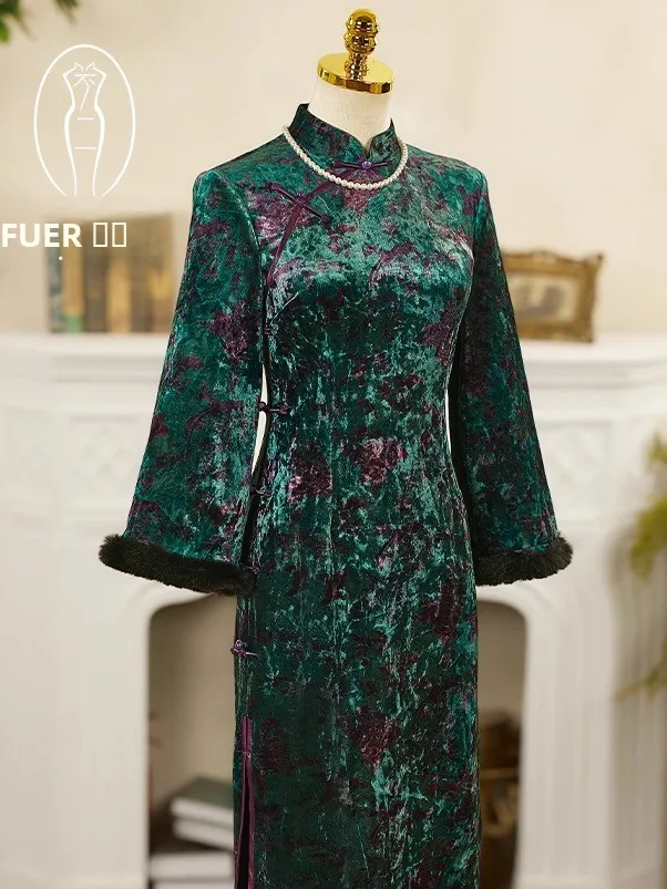 

Ele Long Sve Velvet Qipao Women's Sle Retro Chinese Faion Reformed Long Length Republic of Chi een Color