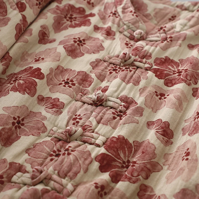 Luźny płaszcz damski z bawełny w kwiatowy wzór, stójka, zapinany na guziki, ciepły, słodki, długi, ocieplany.