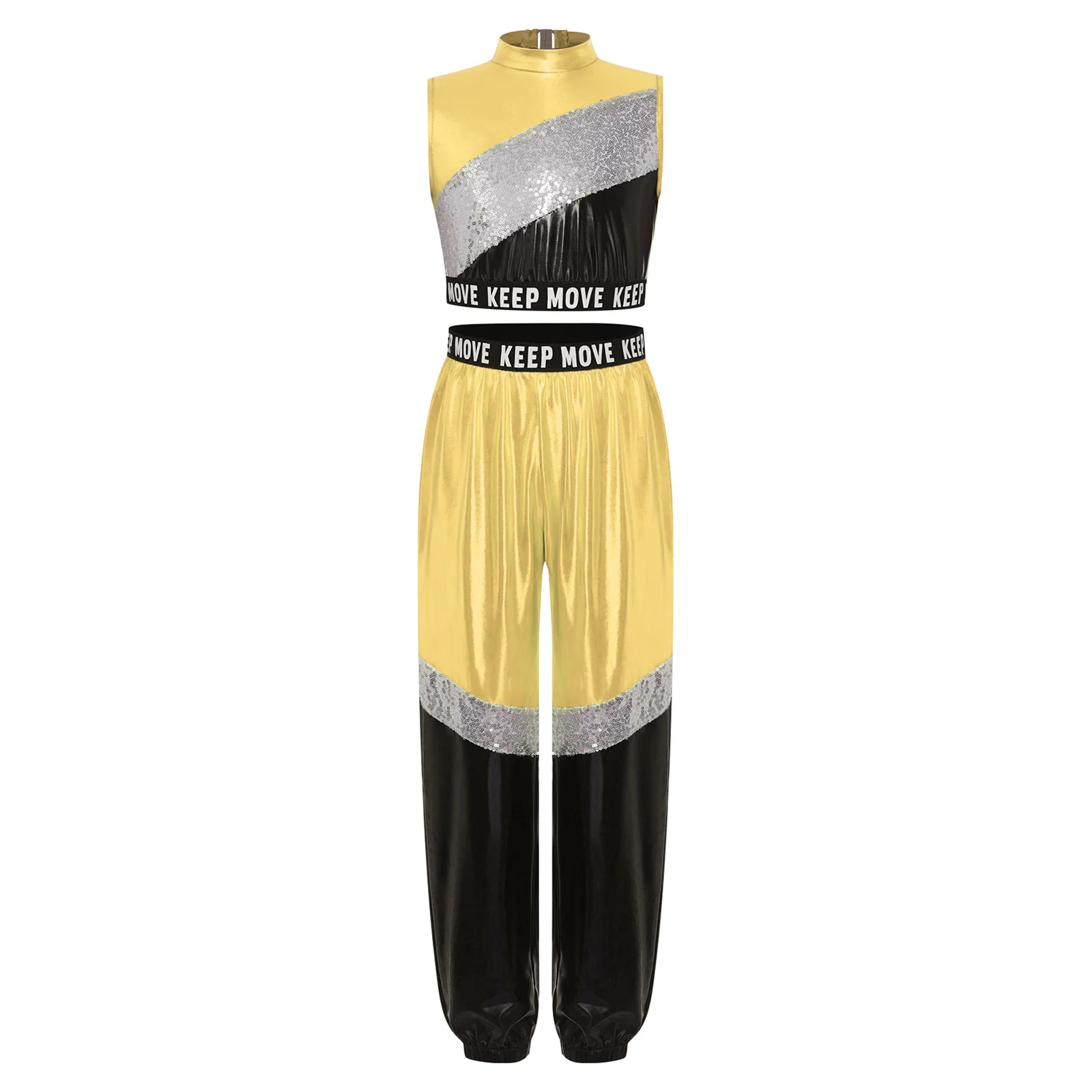 Kids Girls Hip Hop Jazz Dance Costume Sleeveless Letter Print Shiny Sequins Crop Top with Metallic Pants Modern Street Dancewear