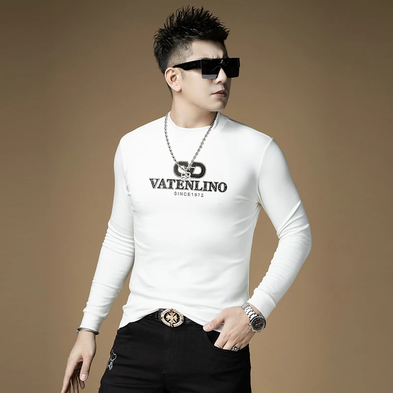 

Мужская зимняя модная футболка с высоким воротником и длинным рукавом, на флисовой подкладке, из хлопка и модала, молодежная, трендовая, с круглым вырезом, для ношения под одеждой.