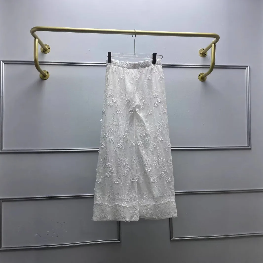 2025 summer pant new gentle romantic style embroidery three-dimensional chrysanthemum hollow with straight wide-legged pants