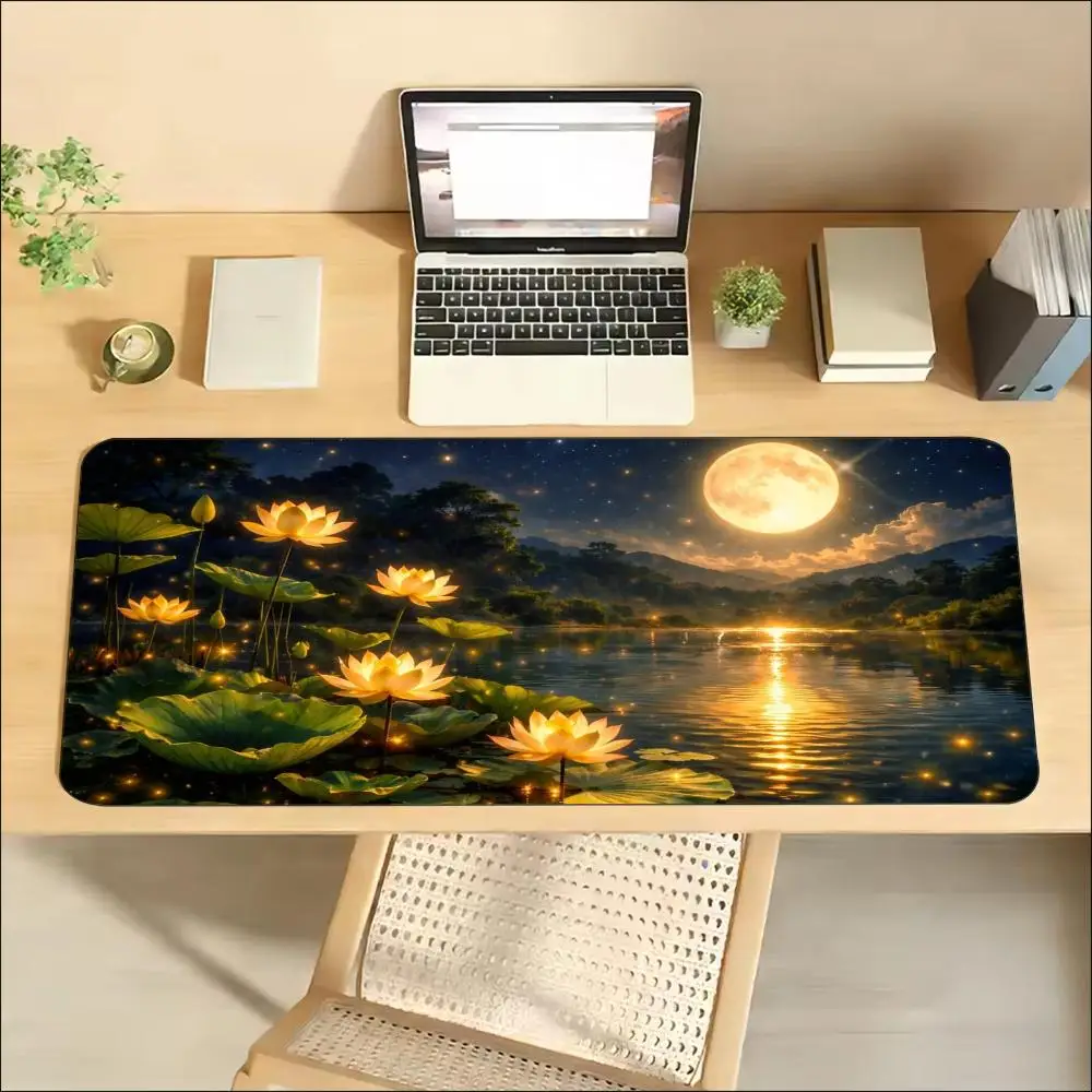 Moonlight Lotus Lake Large Extended Gaming MousePad Non Slip Rubber Keyboard Desk Mat Smooth Surface For Laptop PC Desktop Setup