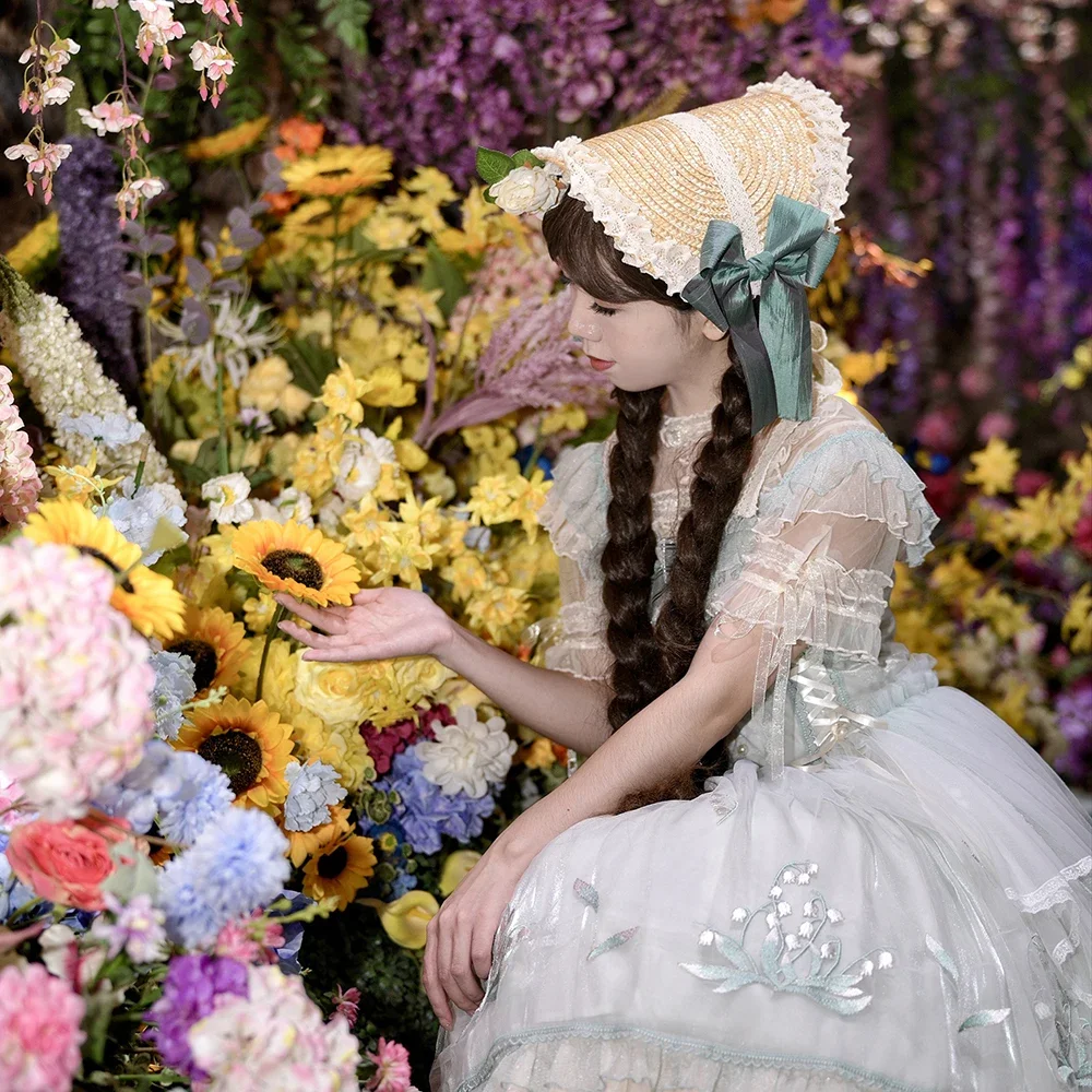 Feminino vintage vitoriano lolita boné plano feito à mão princesa renda flor doce chapéu de palha meninas lindo elegante headwear