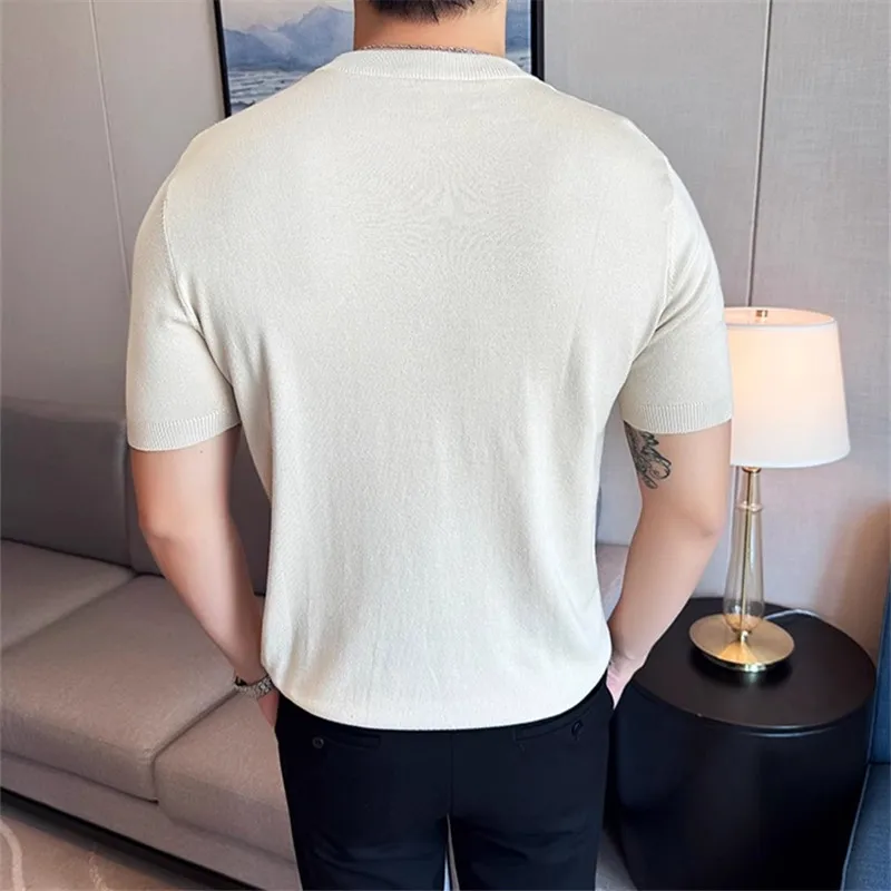 Summer Men's Fashion knitted Polo Shirt Solid Color Short Sleeve Smart Casual Polos Men Henry Collar Slim Fit Knit Tees Tops