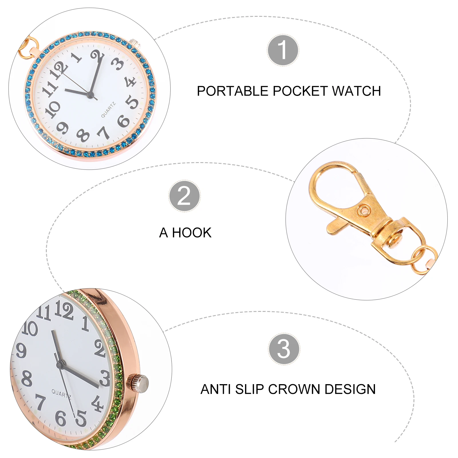 

2pcs Clip On Pocket Watch Keychain Key Ring Portable Unisex Nurse Rhinestones Pocket Watch Gift For Birthday Wedding