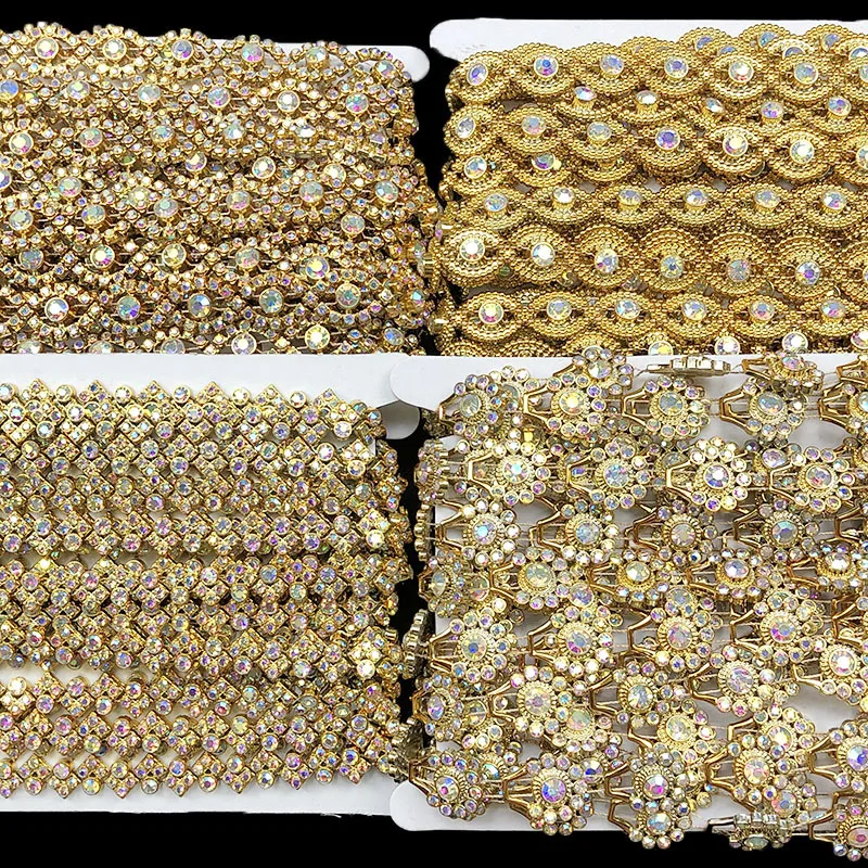 

4 Yards 1.5cm Wide Luxury Gold Rhinestone Lace Trim for Wedding Decoration DIY Jewelry Making
