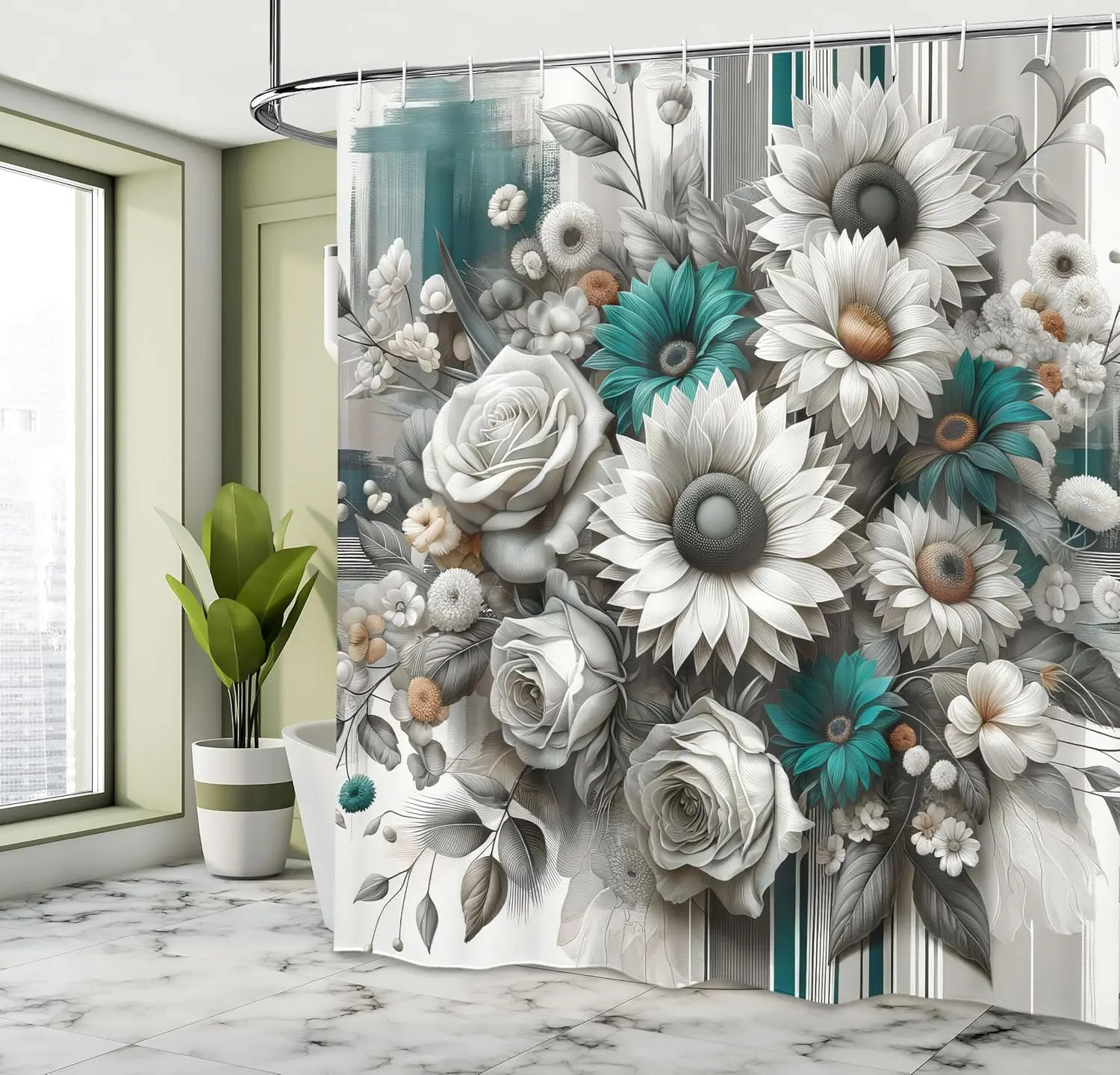

Бирюзовая занавеска для душа, современный букет цветов подсолнечника, ромашки и розы с абстрактными линиями в стиле бохо в деревенском стиле, тканевая ткань для ванной комнаты