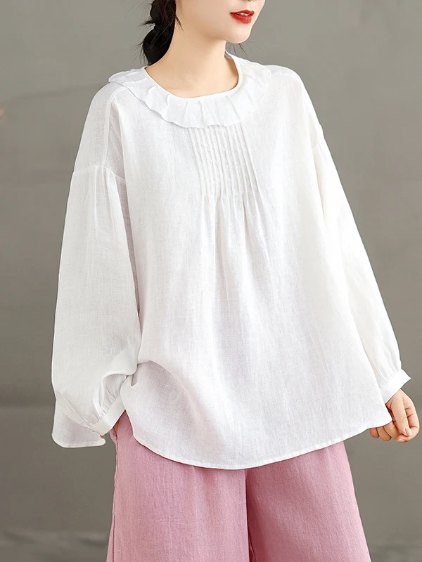 

Simple Early Spring Cotton Linen irt with Lotus Le Collar Inner Wear Japanese Sle Artistic Women's Daily irt