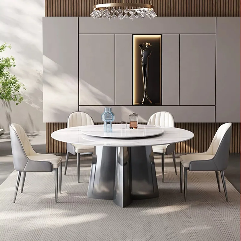 

！@Modern Turntable Sintered Stone Top Round Black Concrete Dining Table Marble Round Dining Table With Rotating Centre