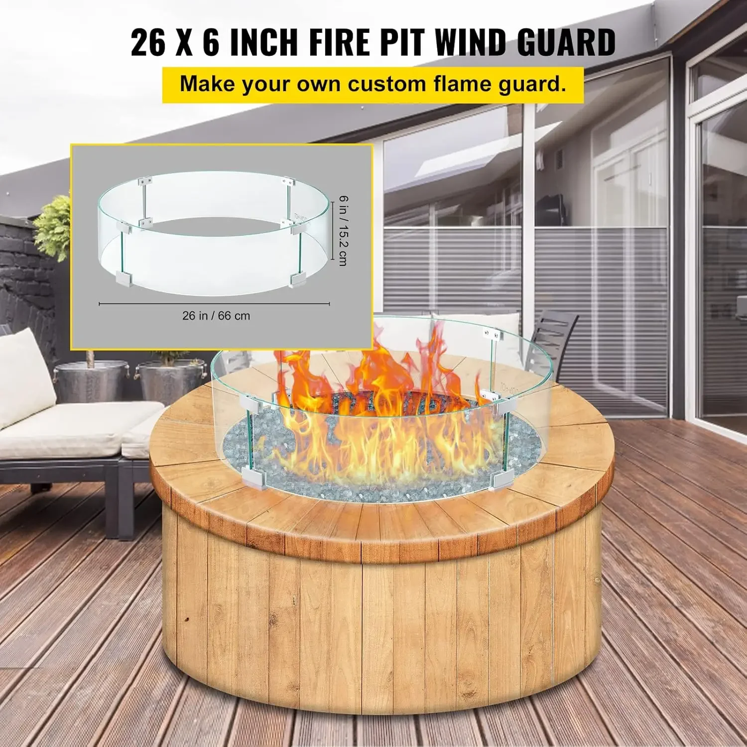 Fire Pit Wind Guard, 26 x 26 x 6 Inch Glass Flame Guard, Round Glass Shield, 1/4-Inch Thick Fire Table