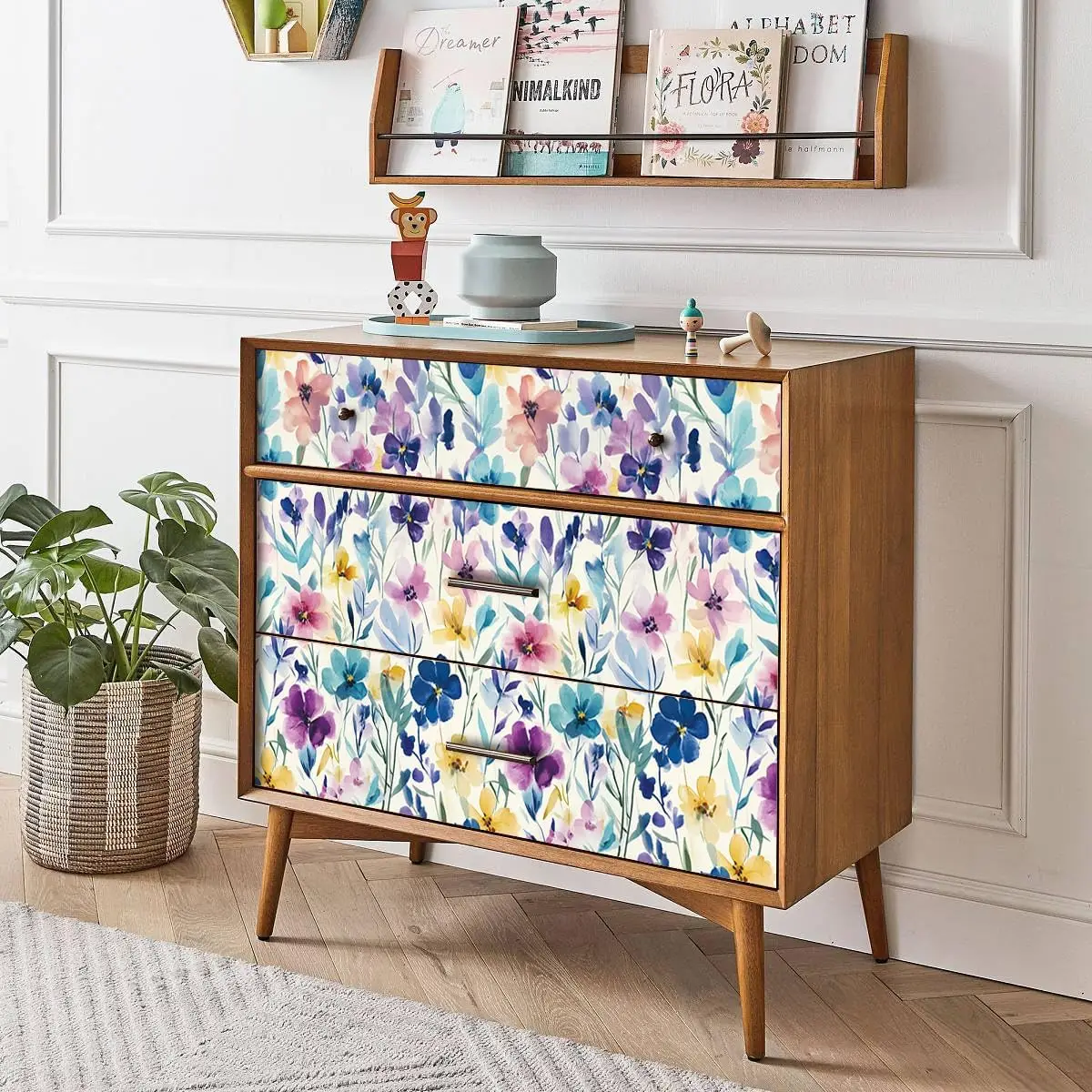 ورق جدران ملون بألوان مائية قابل للتقشير واللصق على شكل زهرة أرجوانية/زرقاء ورق اتصال ذاتي اللصق قابل للإزالة للديكور