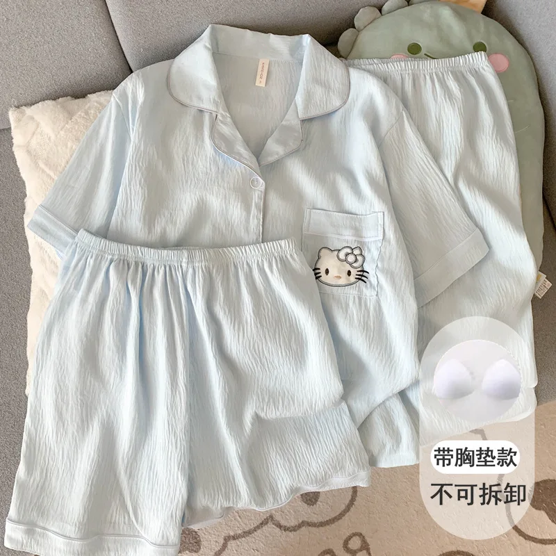 Conjunto de pijamas Hello Kitty para mujer, verano, algodón, manga corta, 3 piezas, estampado de nubes