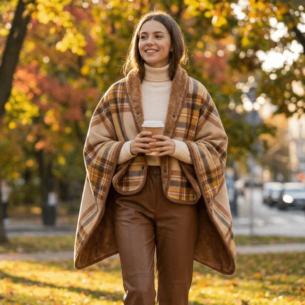 Flannel Material Wearable Blanket Button Closure Plaid Pattern Throw Blanket Warm Fabric Thick Knit Shawl Blanket Napping Time
