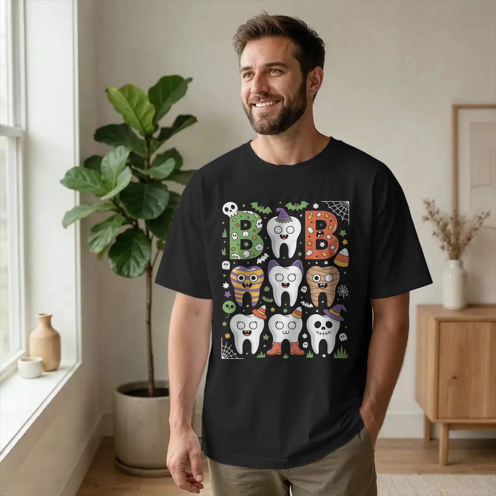Dental Dentist Assistant Boo Tooth   T Shirt Unisex Cotton Tops Novelty Cartoon Teeth Helloween Round Neck Short Sleeve