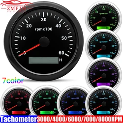 3000/4000/6000/7000/8000 RPM 85mm Tachometer with 7 Color Backlight for 1-10 Cylinder Petrol Diesel Car Boat Tacho Gauge