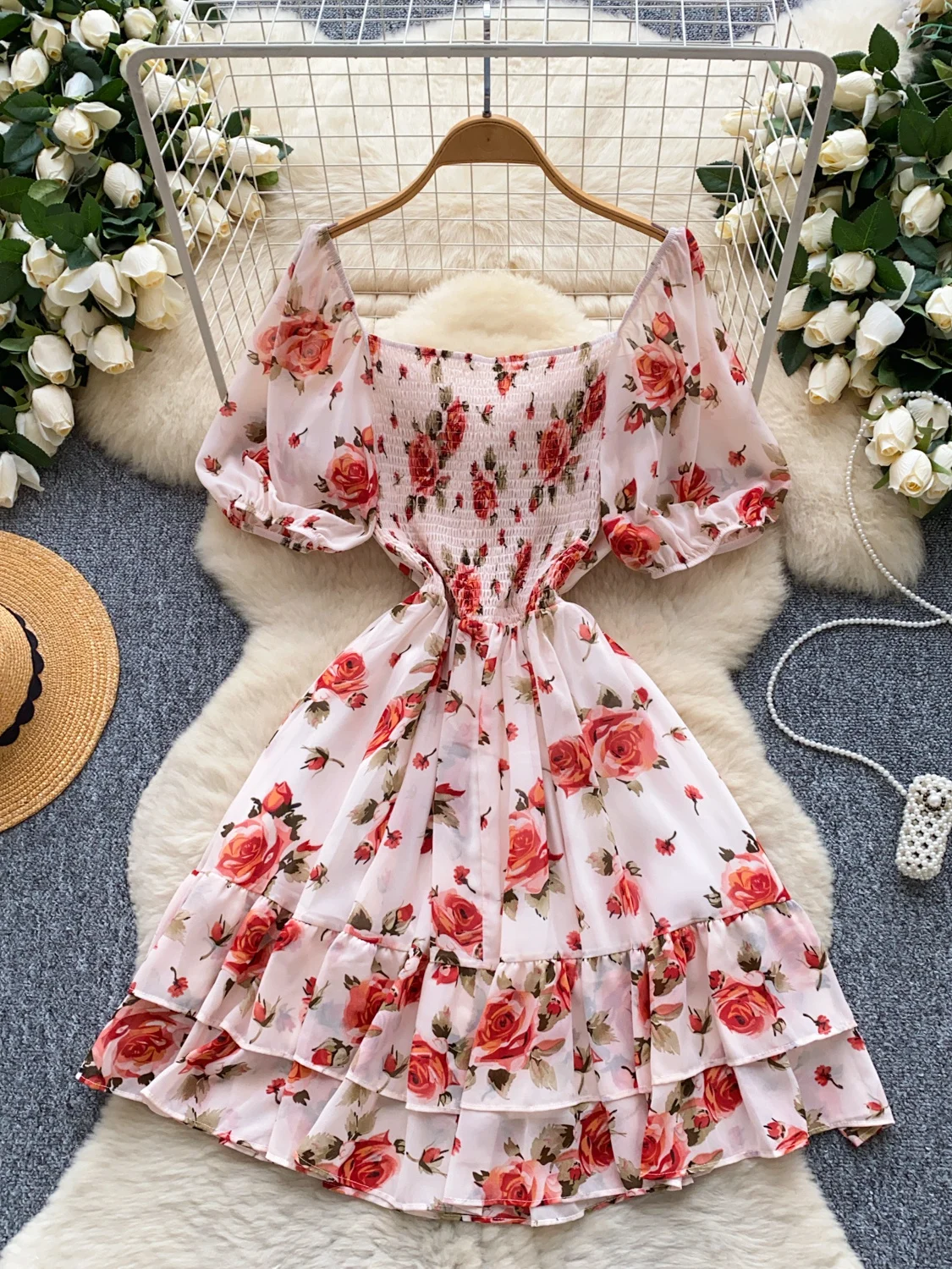 Romantische Blumen Druck Puff Sve ort Dr frauen Sommer Abnehmen Hohe Taille A-linie Rock Koreanische Sle Pendeln Dr