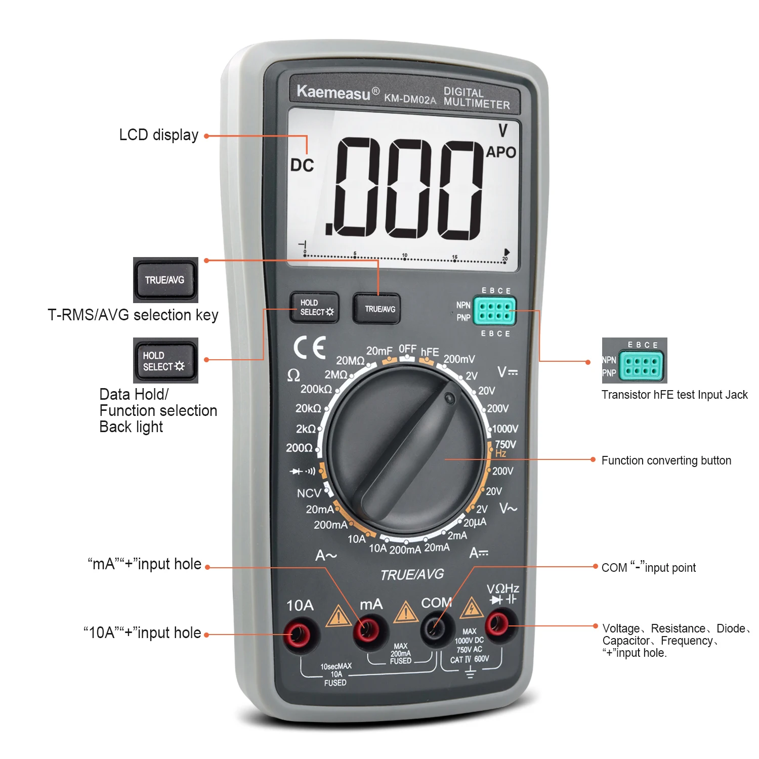 Kaemeasu New Large Display Digital Multimeter True RMS/Average/Triode Measurement High Accuracy Meter KM-DM02A