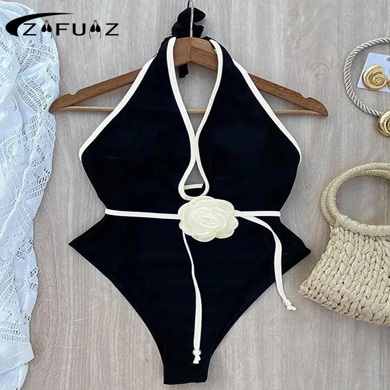 

Floral One Piece Swimsuit 2024 New Halter Bandage Swimwear Women Swimsuit Bathing Suit Beachwear Monokini Female Swimming Suits