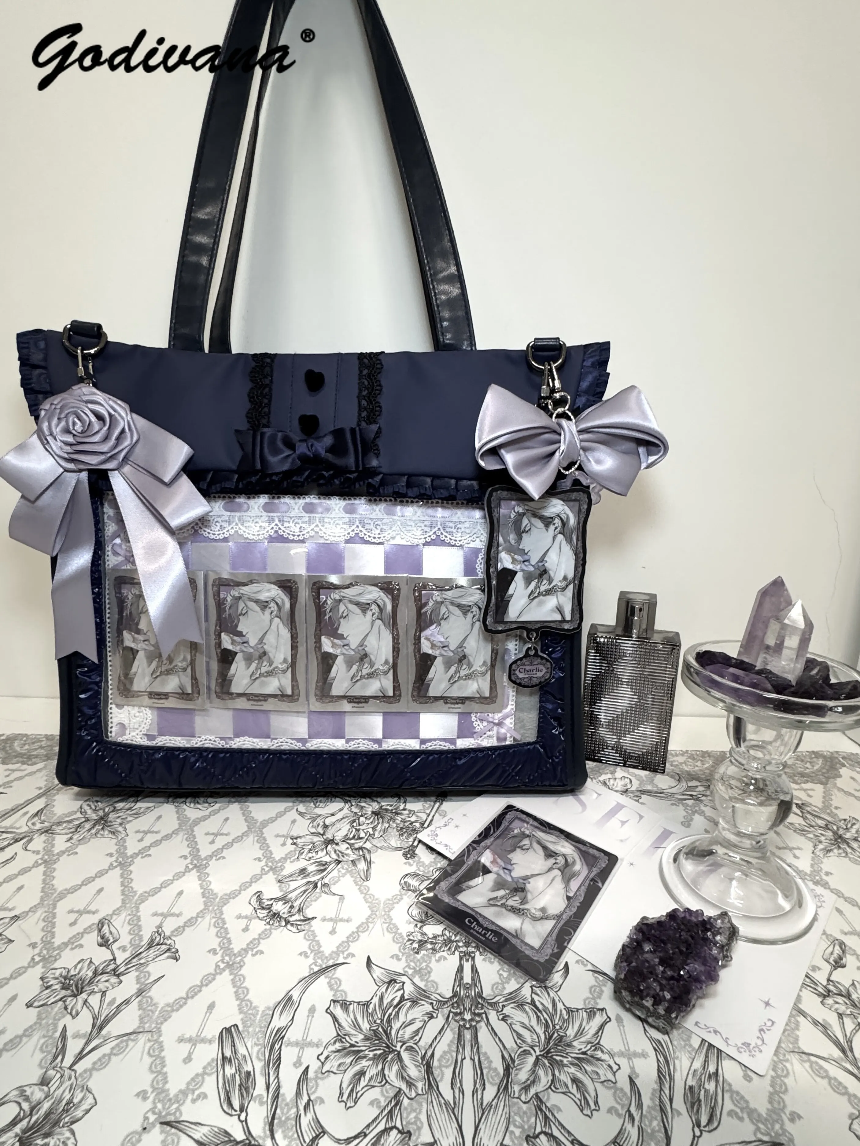 Original Quilted Itabag Dark Blue Large Capacity Tote Bag Crossbody Shoulder Hand‑held Anime Badge Display Commuter Ita Bag