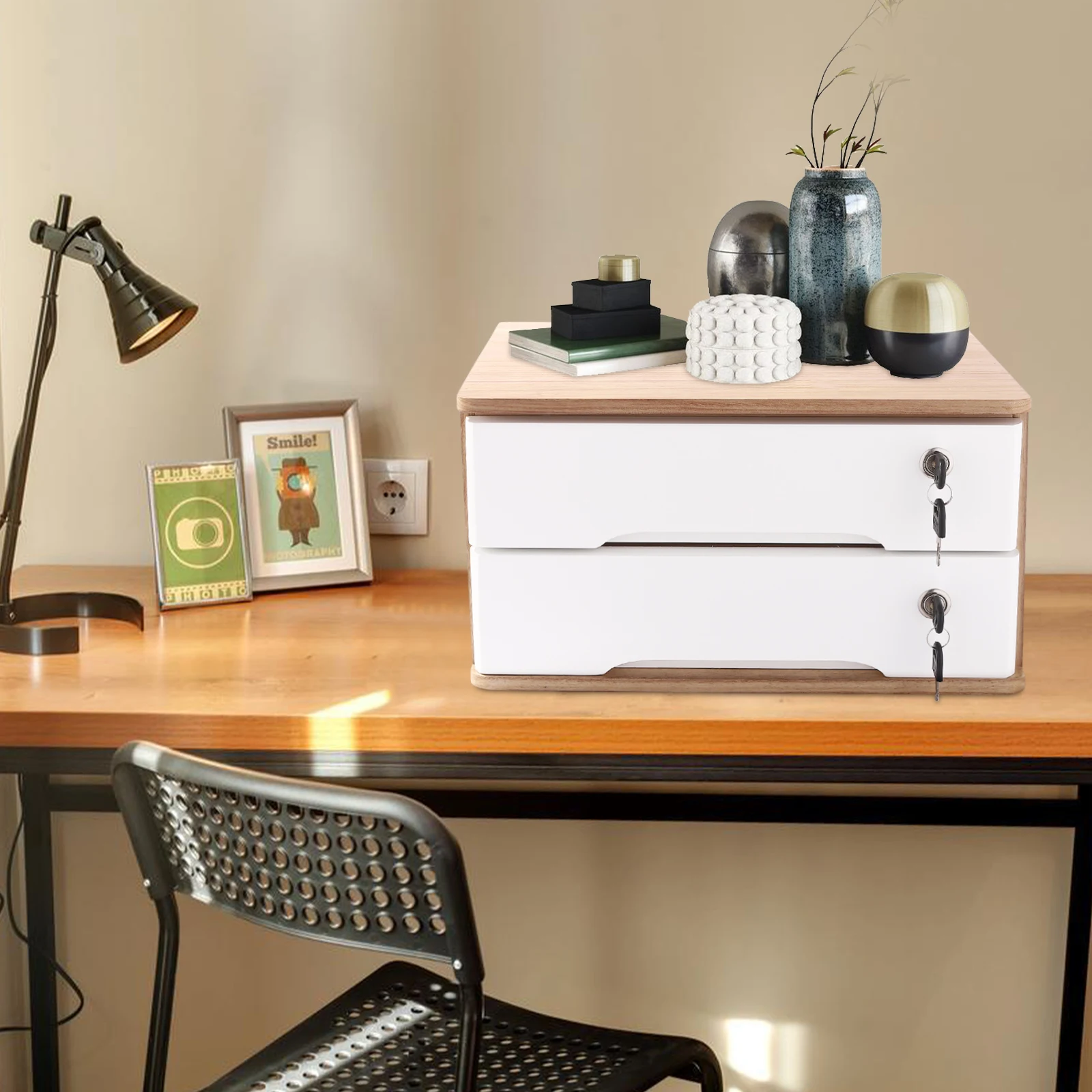 

2 Tiers Wood Color&White Lockable Wooden Desktop Storage Box Desktop Storage Box for Documents Files Pens Notebooks