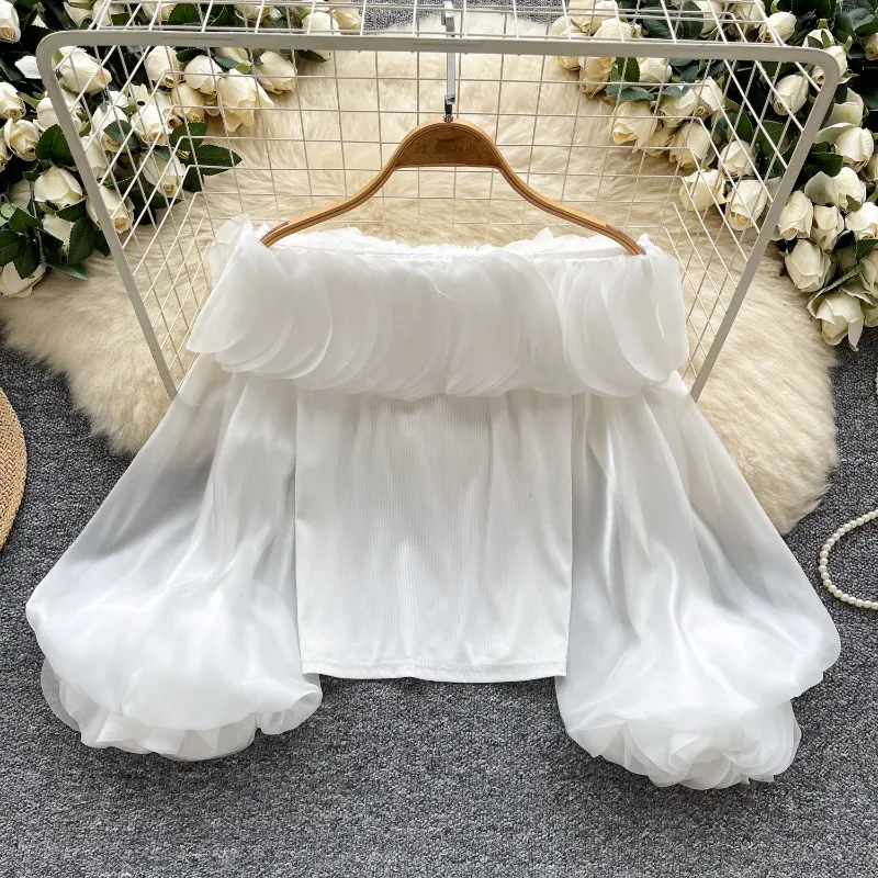 

Off Shoulder Ruffles Lantern Sleeve Blouses Summer Fashion All-match White Shirt Women 2025 New Loose White Tops Mujer