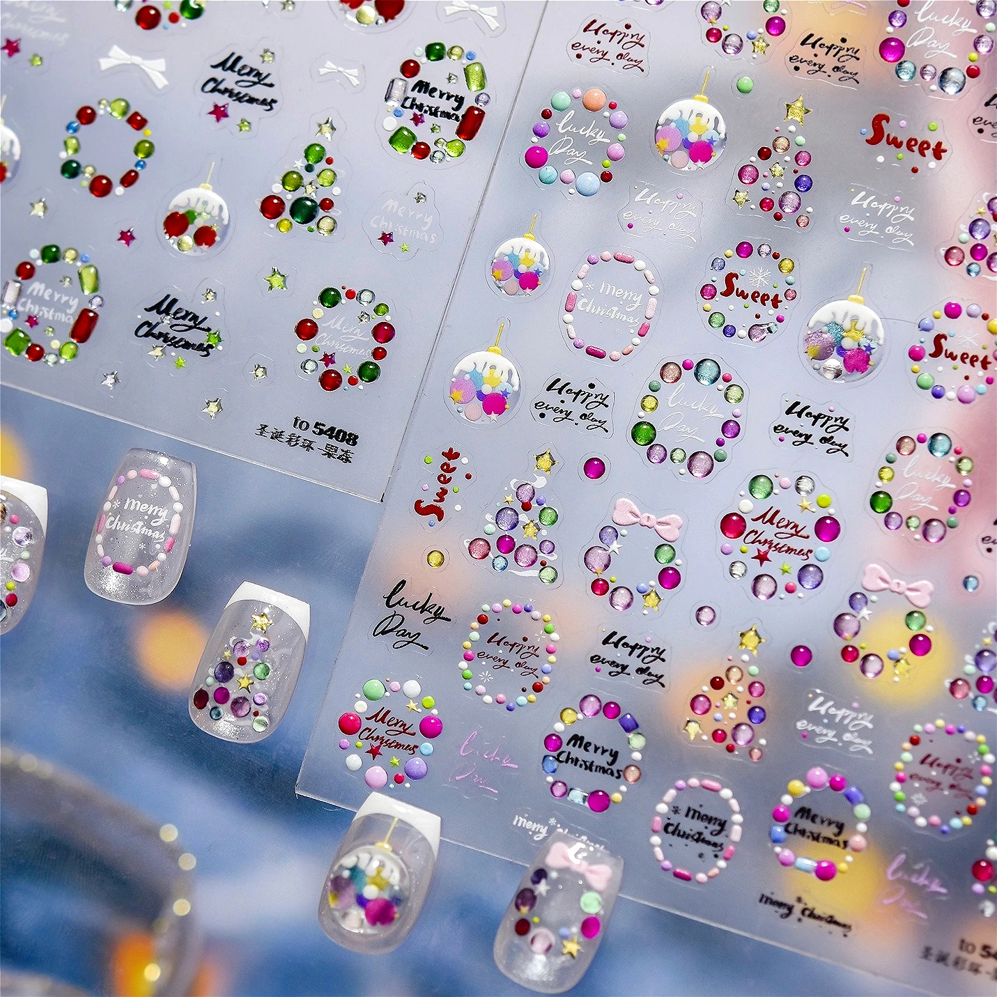 Corona navideña colorida, lazo, bola de cristal, cinta, Papá Noel, copo de nieve, muñeco de nieve, árbol, invierno, pegatinas para decoración de uñas encantadoras