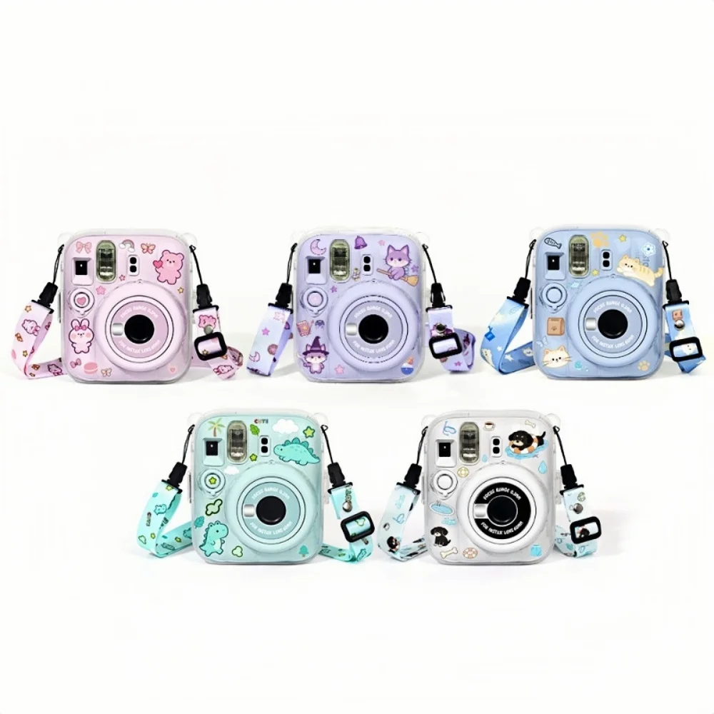 3 in 1 Transparent Crystal Protective Case For Fujifilm Instax Mini 13 Instant Camera Shell With Lanyard Cute Cartoon Stickers