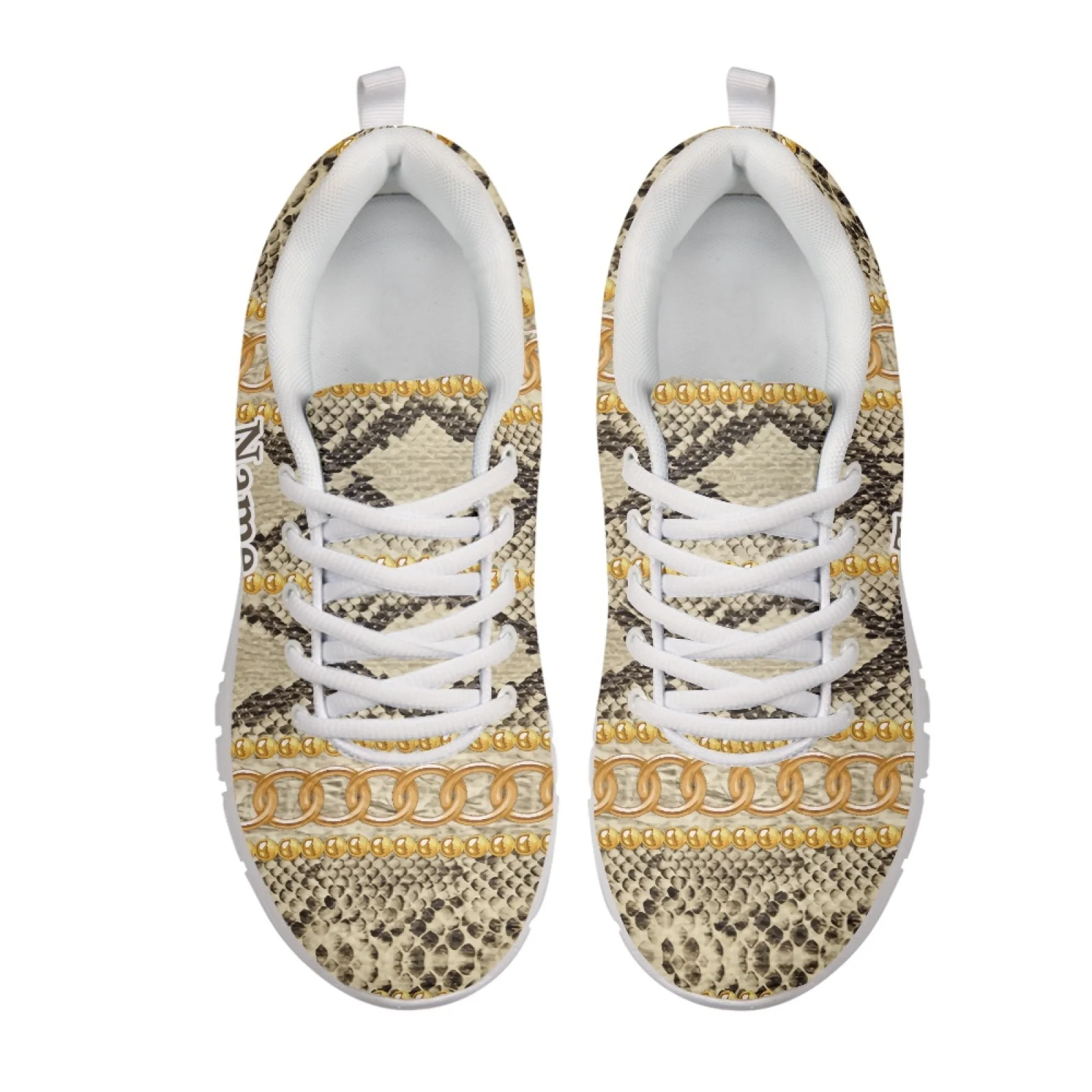 Coloranimal Snake Print Gold Chain Athletic Sneaker, Mesh EVA Sole Low Top Breathable Shoes for Women Running Gym Walking